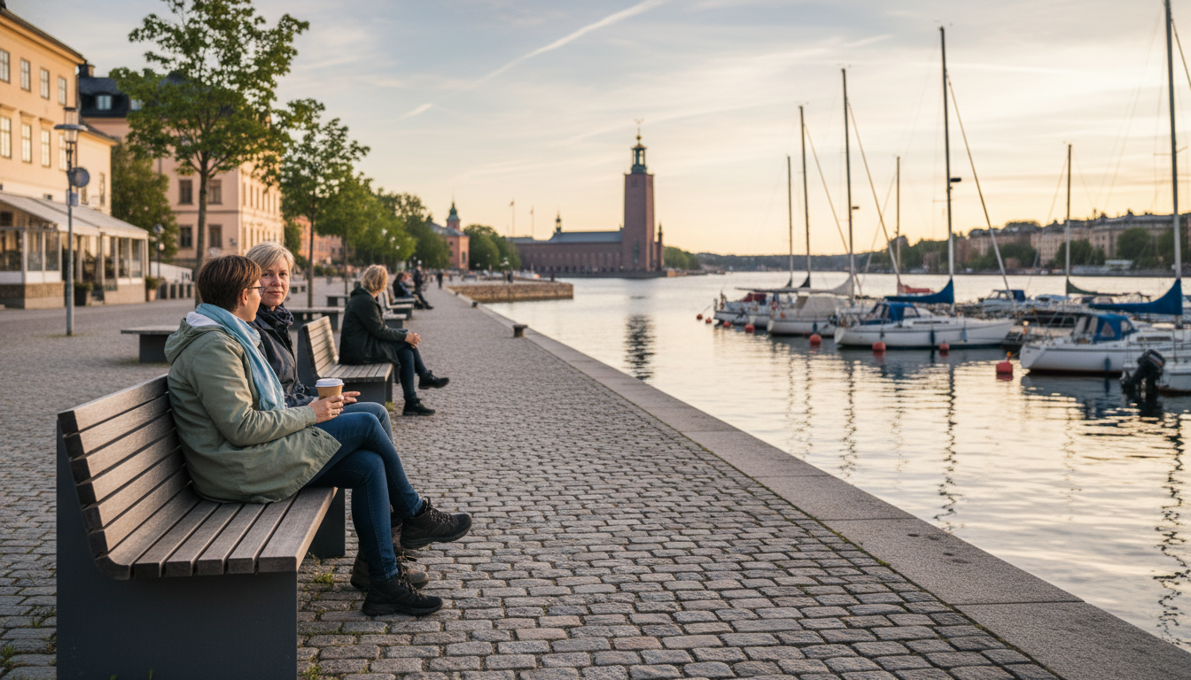 Kungsholmen waterfront promenade at golden hour, locals sitting on benches with takeaway coffee, cit