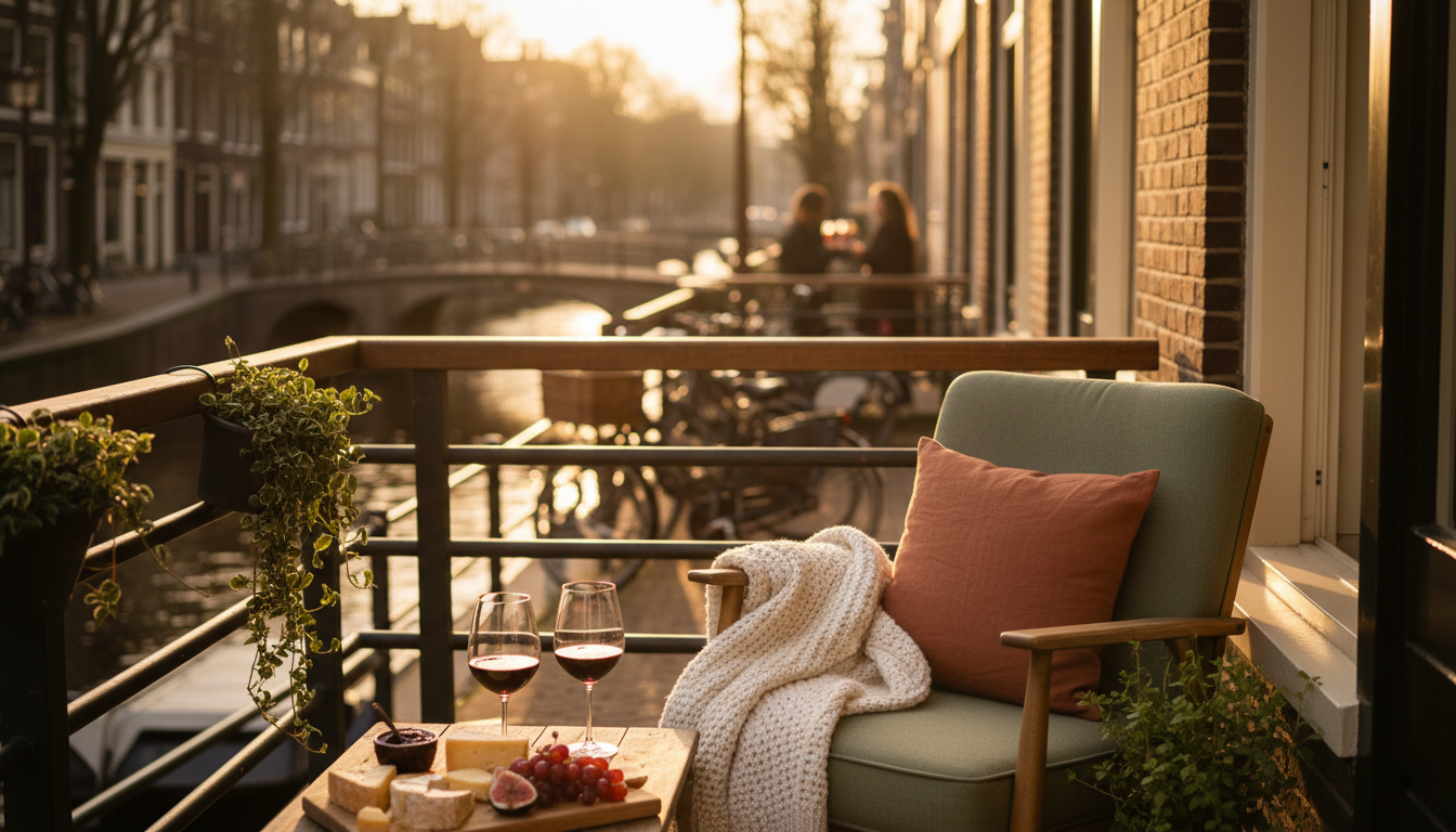 Cozy Amsterdam canal-side apartment balcony at golden hour with two wine glasses, cheese board, and