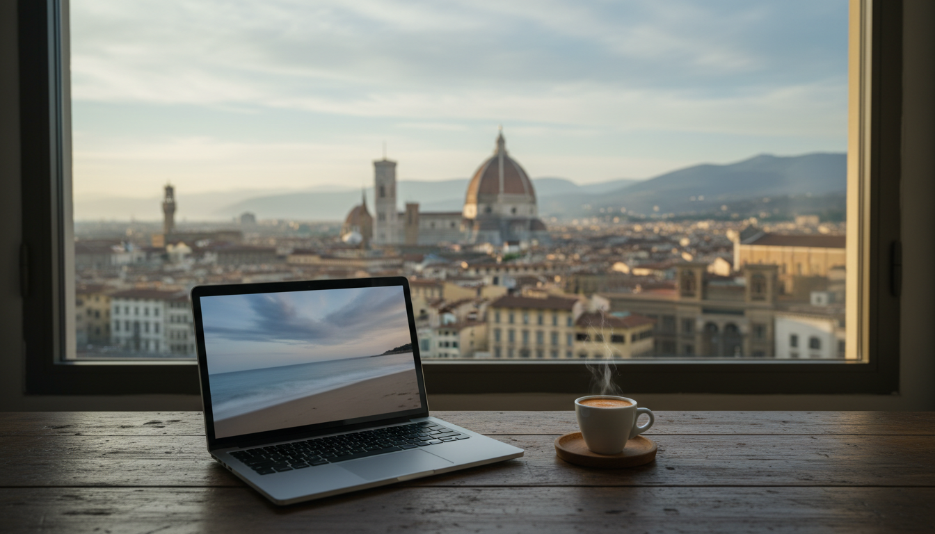 Laptop open on a rustic wooden desk with espresso cup, overlooking Florences terracotta rooftops and