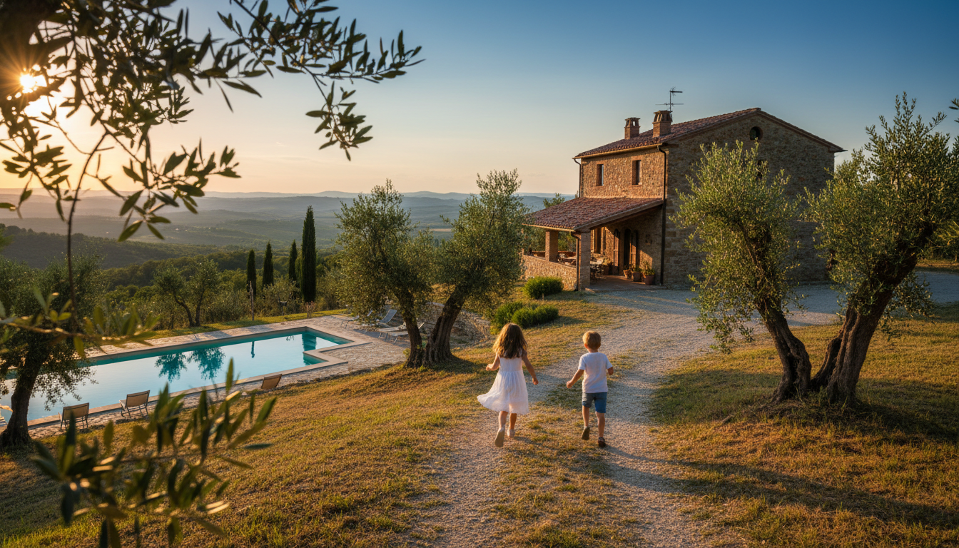 Two children running through an olive grove toward a rustic Tuscan farmhouse with a swimming pool vi