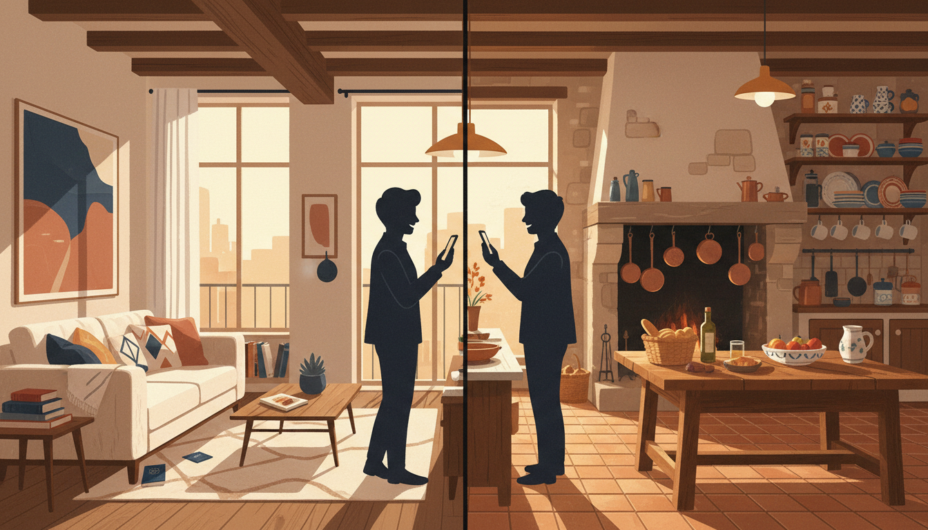 Split-screen style image showing two people video chatting - one in a modern Seattle apartment, one