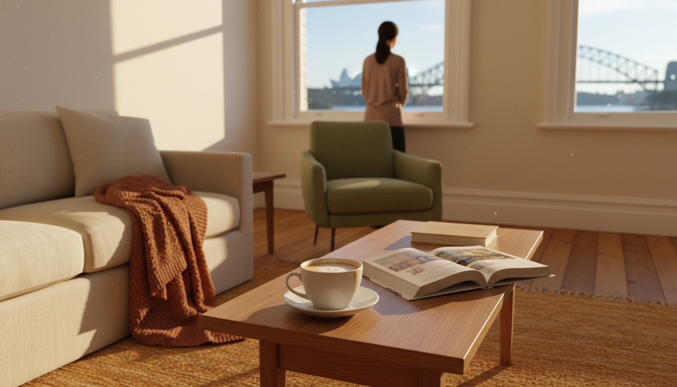 Morning light flooding through a Balmain terrace house living room, harbor glimpses through the wind