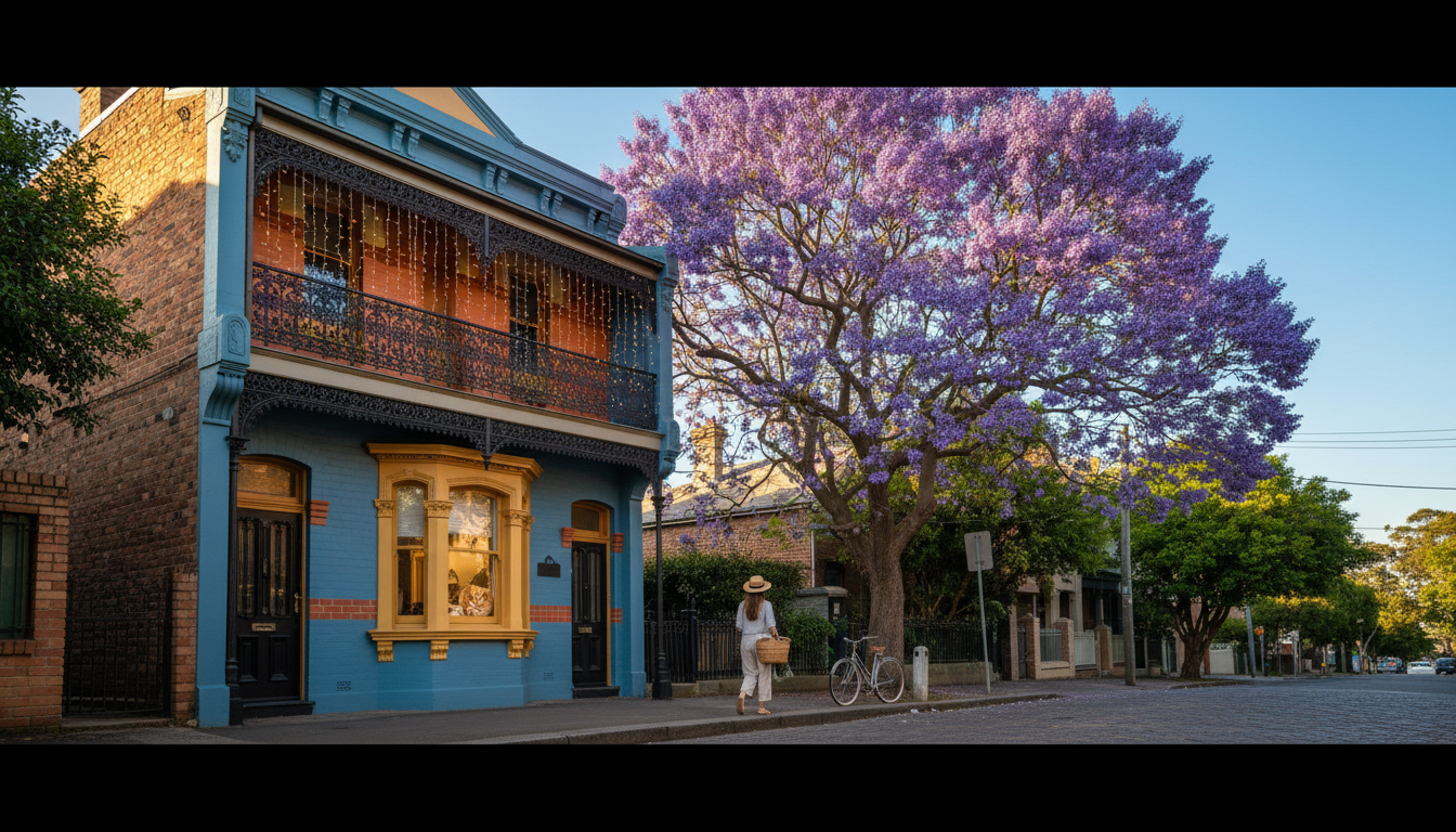 A colorful Victorian terrace house on a Newtown side street, iron lacework balcony draped with fairy