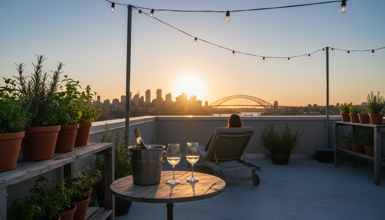 A rooftop terrace in Surry Hills at golden hour, Sydney skyline in the background, string lights, po