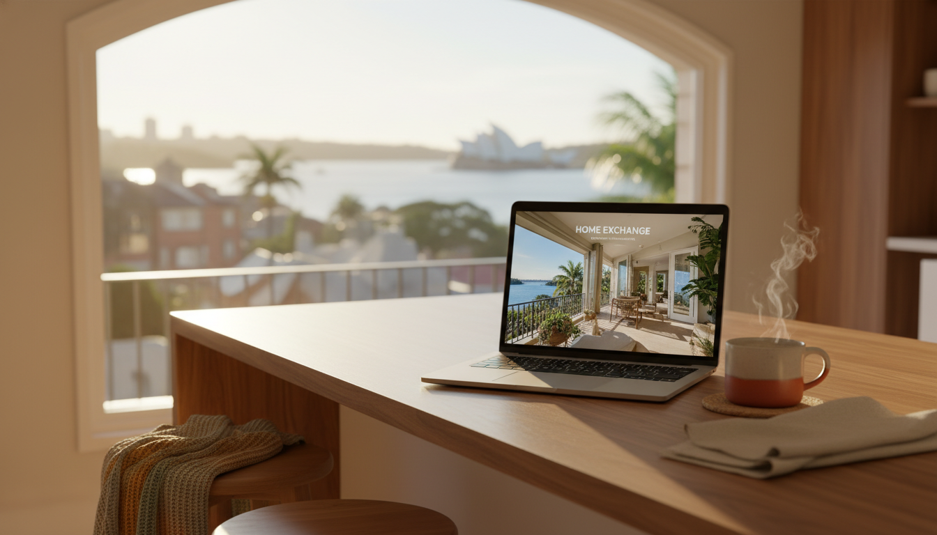 A laptop open on a kitchen counter showing a home exchange listing, morning light, coffee cup beside