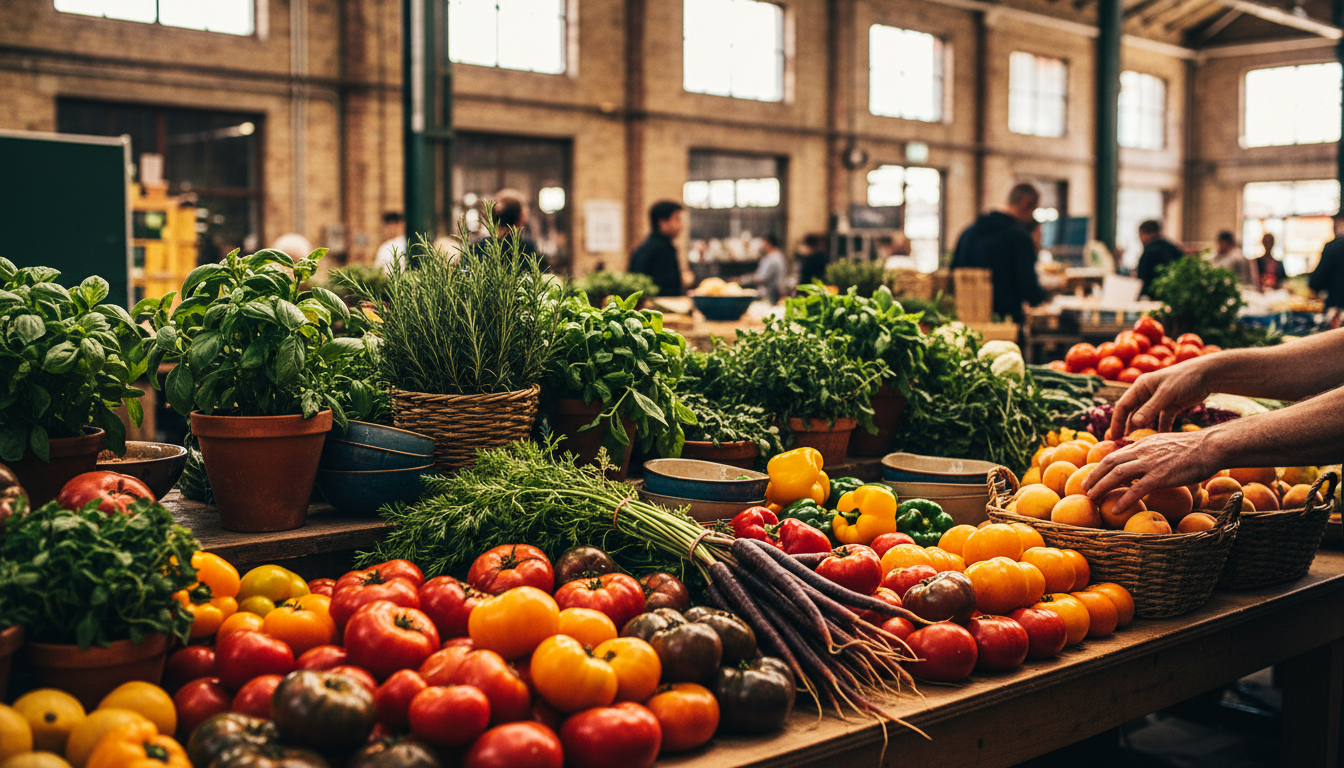 A colorful spread of produce at Carriageworks Farmers Marketheirloom tomatoes, purple carrots, fresh