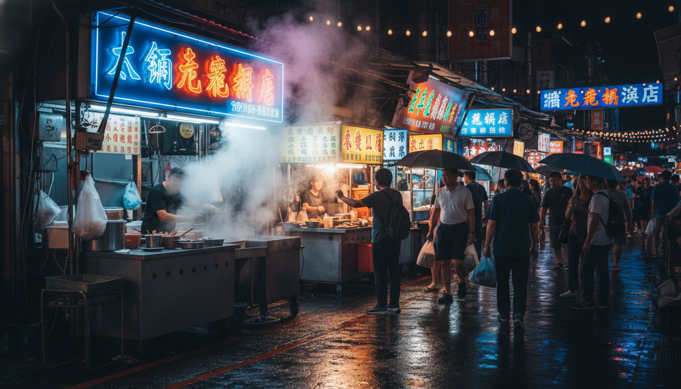 Steam rising from a bustling Taipei night market stall with colorful signs and locals gathered aroun
