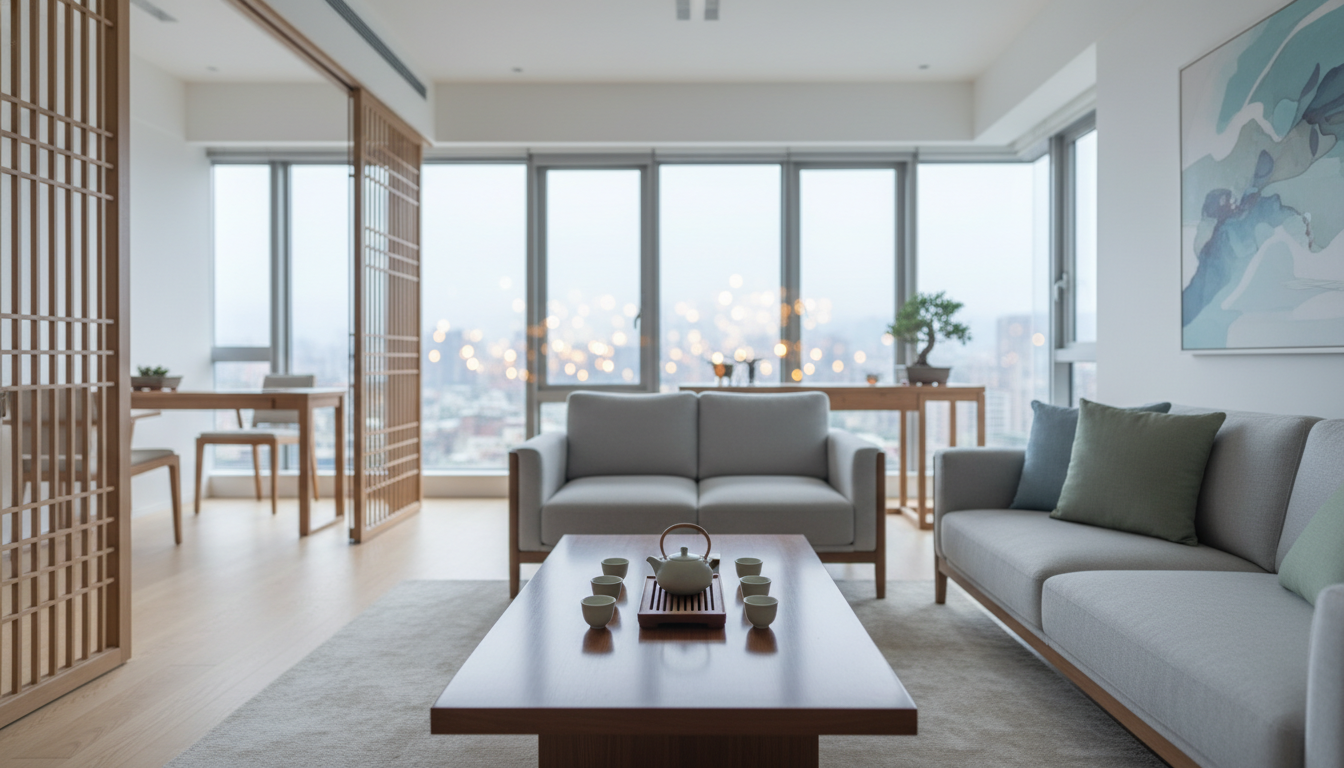 Cozy Taipei apartment interior with large windows showing city lights, modern furniture mixed with t