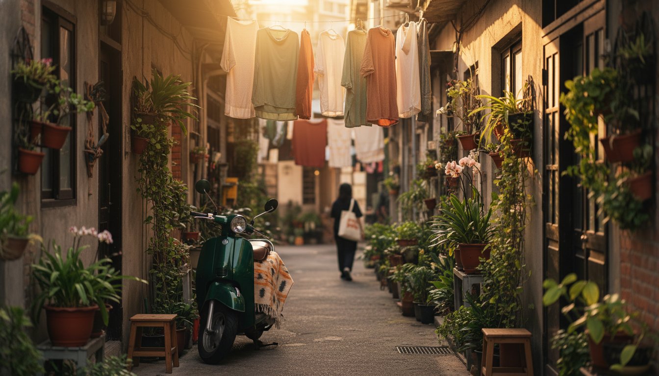 Narrow Taipei alley in Songshan district with potted plants outside doorways, a scooter parked again