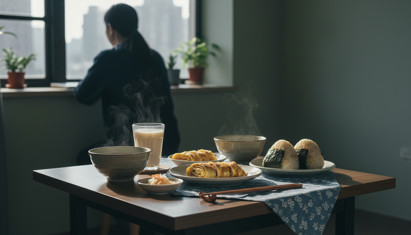 Traditional Taiwanese breakfast spread on a small apartment table soy milk, dan bing egg crepe, rice