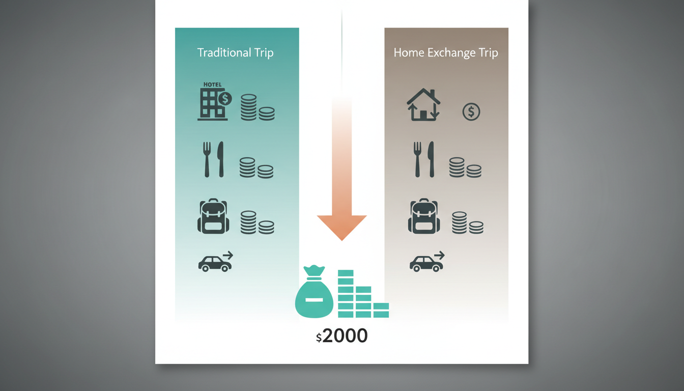 Infographic showing budget comparison - two columns labeled Traditional Trip and Home Exchange Trip