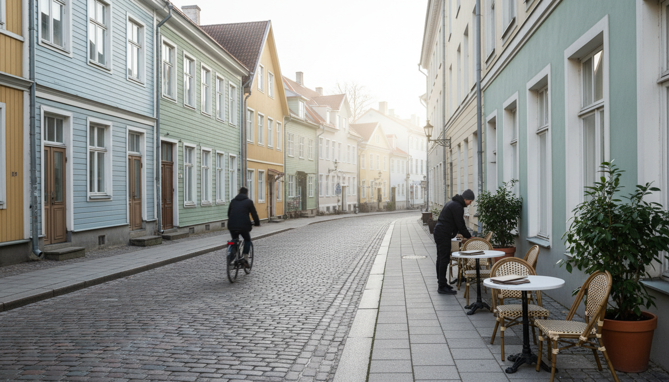 Early morning light on colorful wooden houses in Kalamaja, Tallinn, with a cyclist passing by and ca