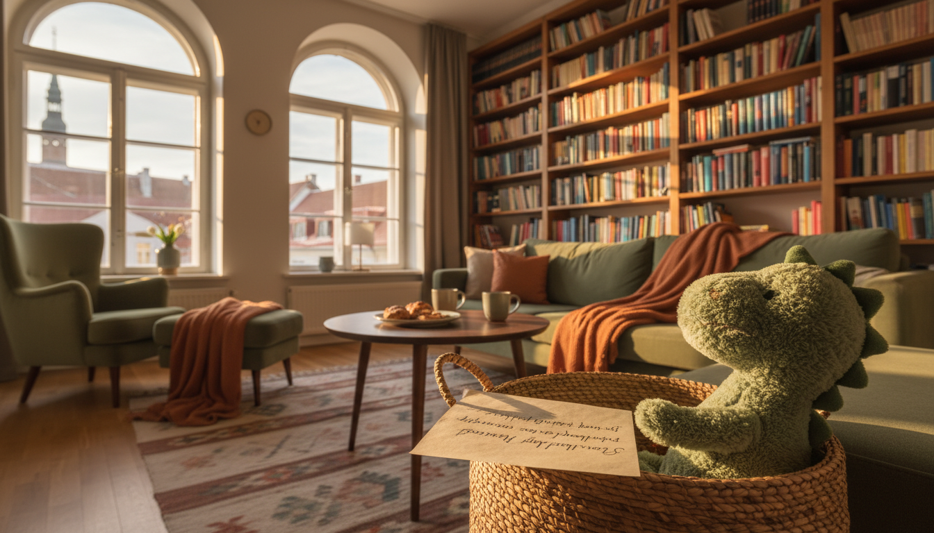 A cozy living room in a Tallinn apartment with large windows, books in Estonian and English on shelv