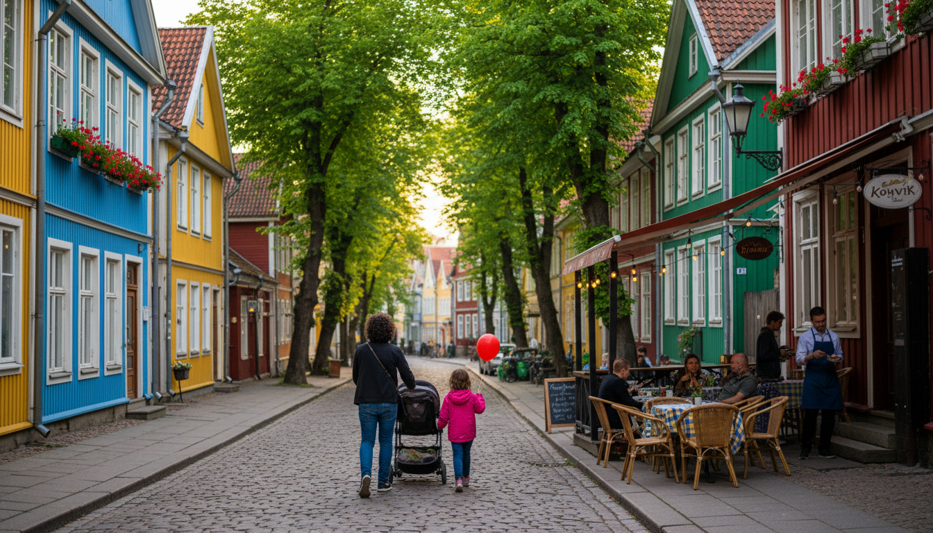 A tree-lined street in Kalamaja with colorful wooden houses, a family walking with a stroller, and a