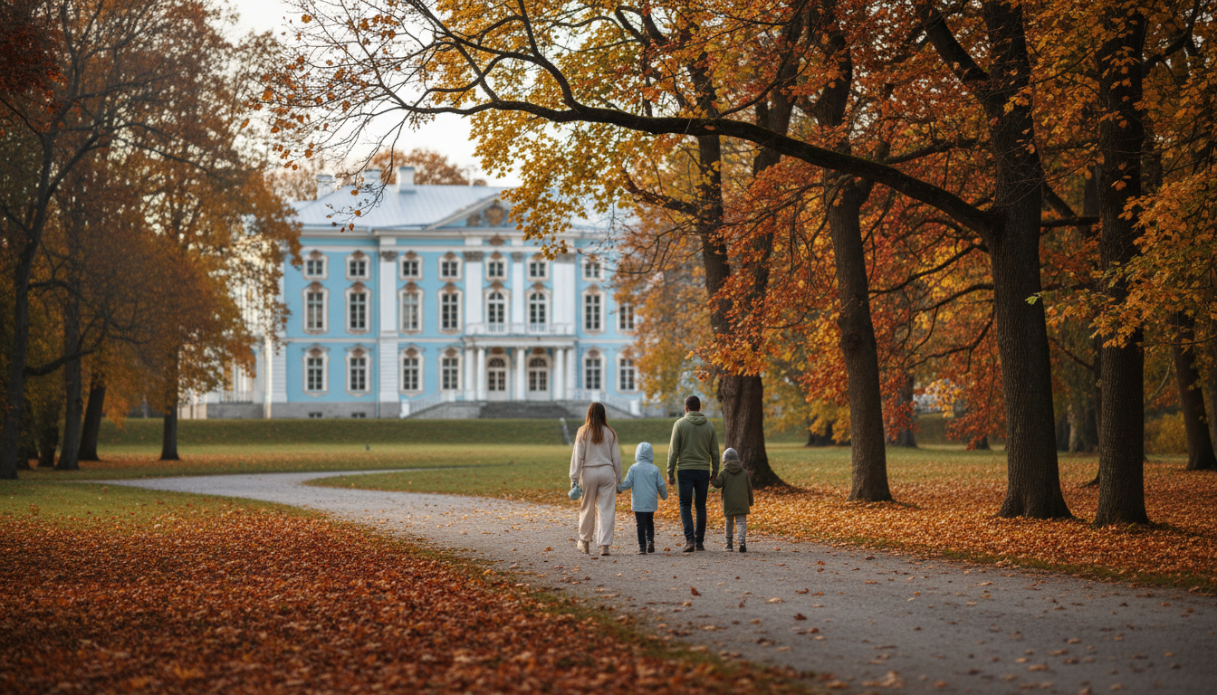 Kadriorg Palace viewed through autumn trees, with a family walking on a gravel path in the foregroun