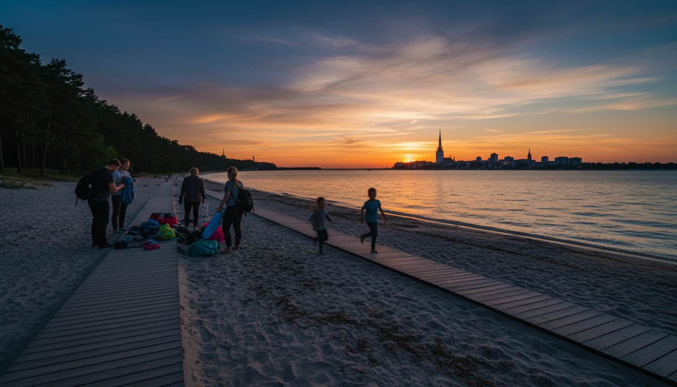 Pirita Beach at golden hour with families packing up for the day, the Tallinn skyline visible in the