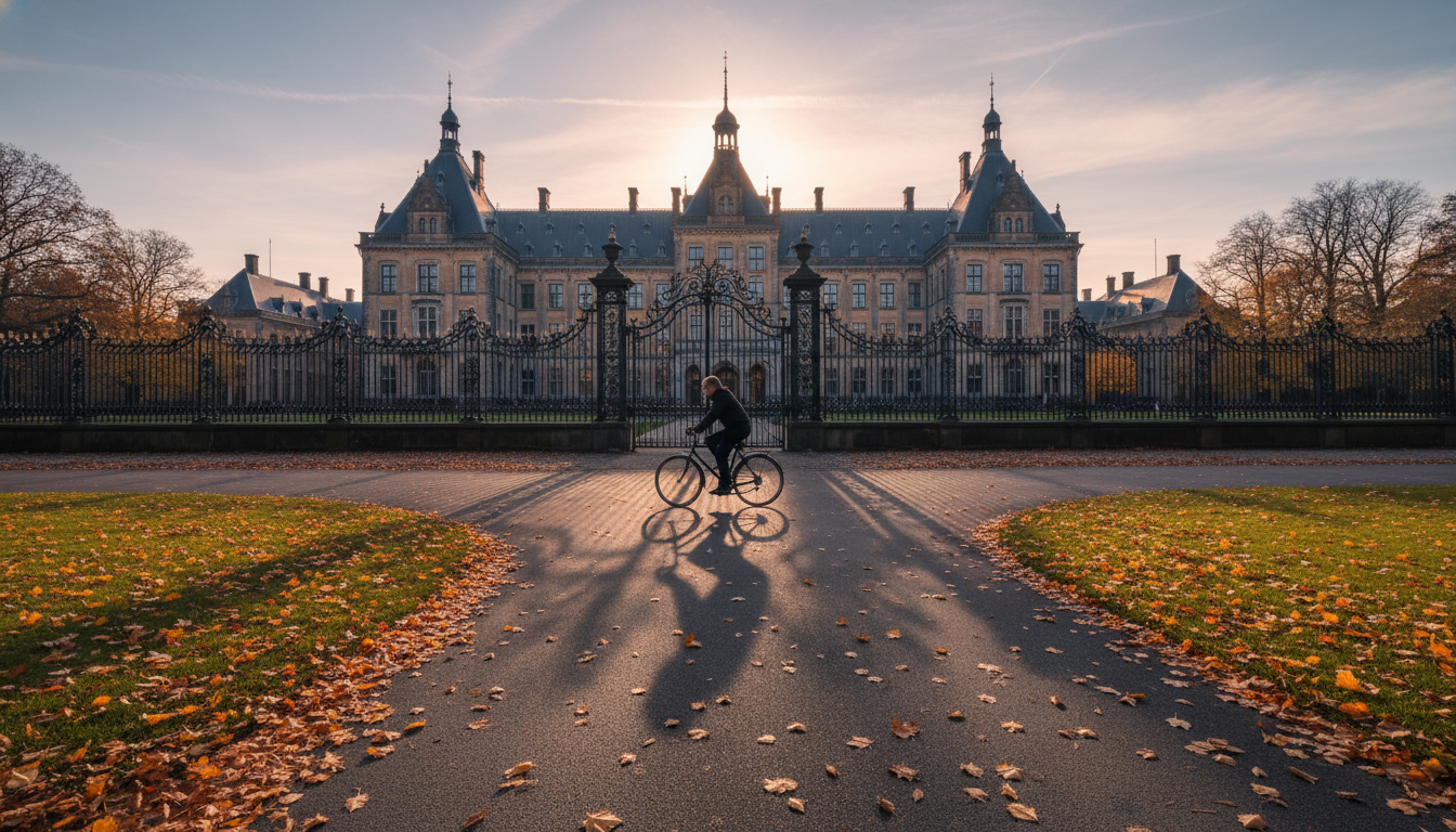 Golden hour light casting long shadows across the Peace Palace grounds, with a cyclist silhouetted a
