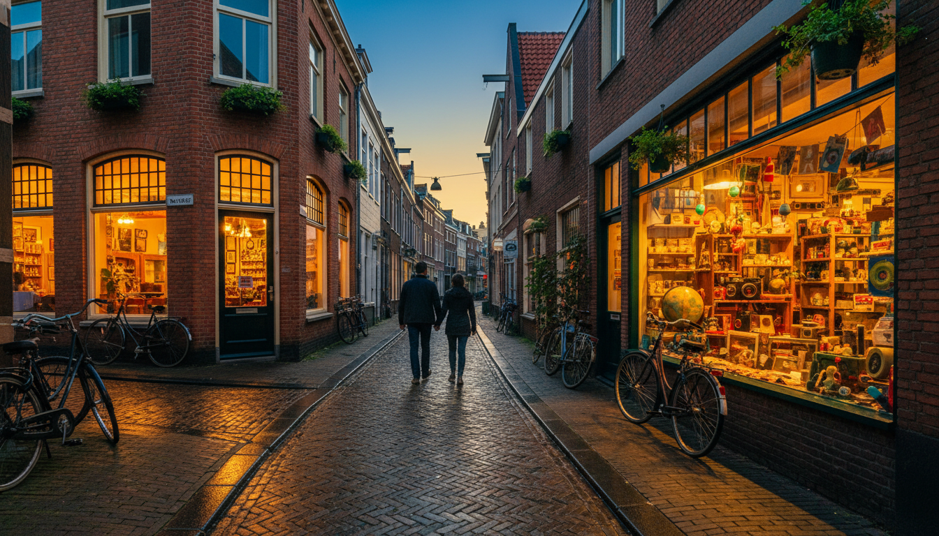 Narrow street in Zeeheldenkwartier at dusk, warm light spilling from caf windows, bicycles parked ag