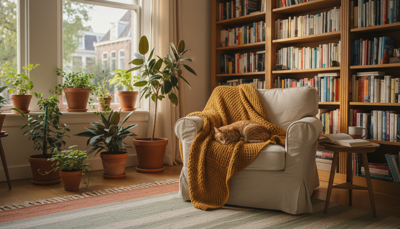Cozy Dutch living room with large windows, built-in bookshelves, a comfortable reading chair, housep