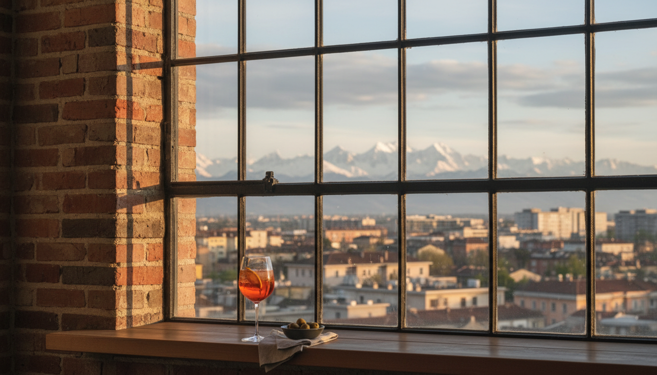 golden hour view from an industrial loft window in Turins Aurora district, exposed brick walls, dist