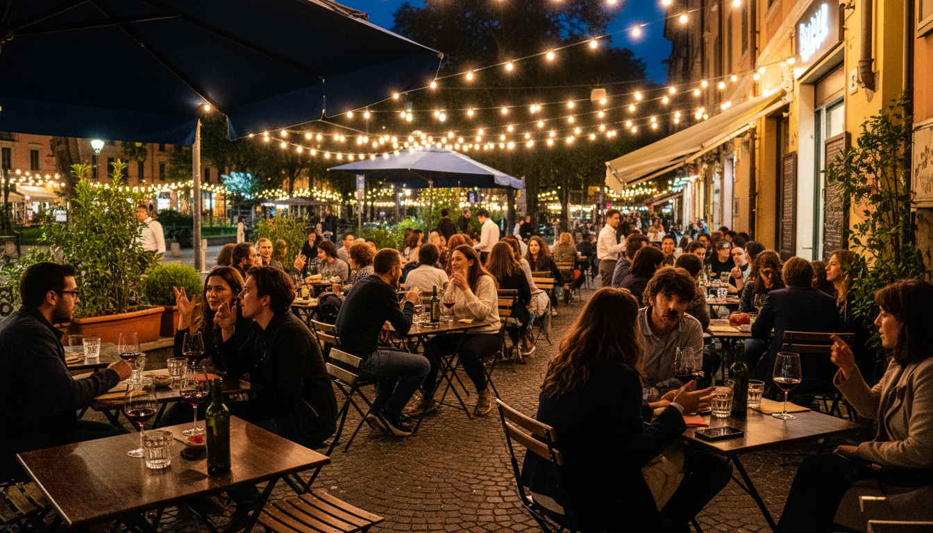 bustling evening scene on Via Madama Cristina in San Salvario, outdoor caf tables spilling onto the