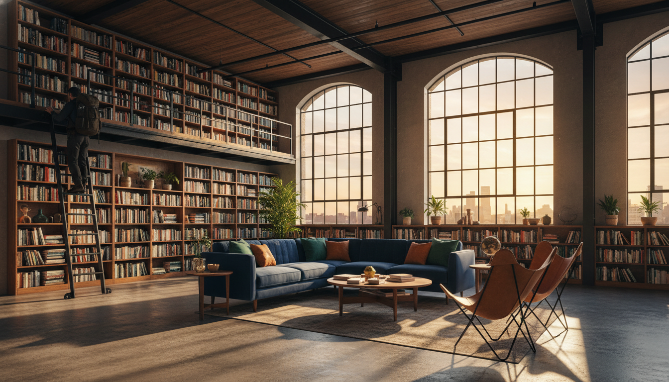 interior of a converted factory loft in Aurora, exposed steel beams, polished concrete floors, enorm