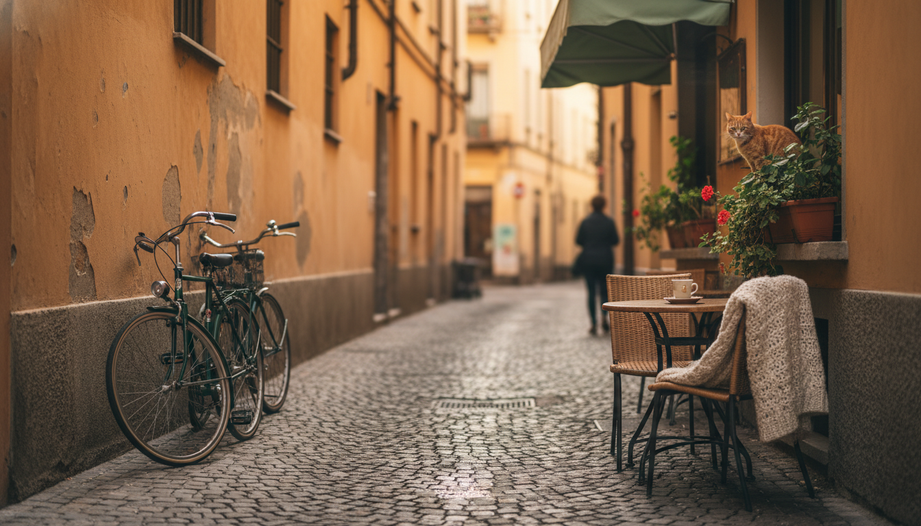 quiet morning on a cobblestone street in Vanchiglia, bicycles leaning against weathered ochre walls,