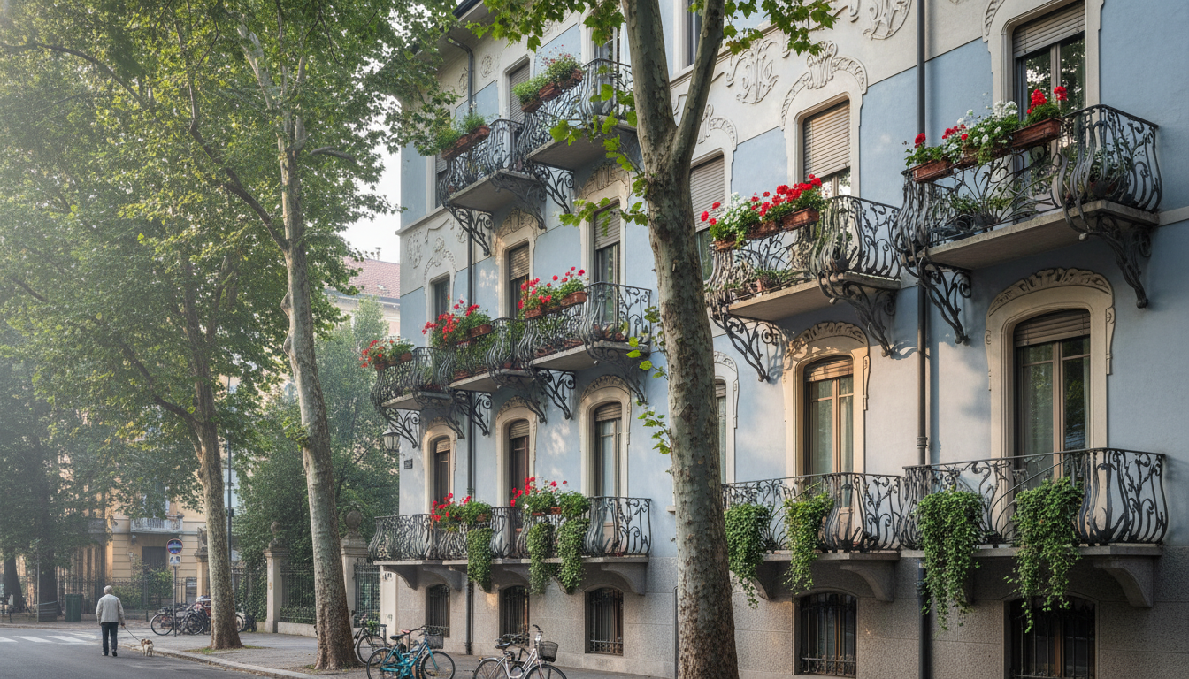 elegant Liberty-style building facade in Cit Turin, ornate wrought-iron balconies, flowering window