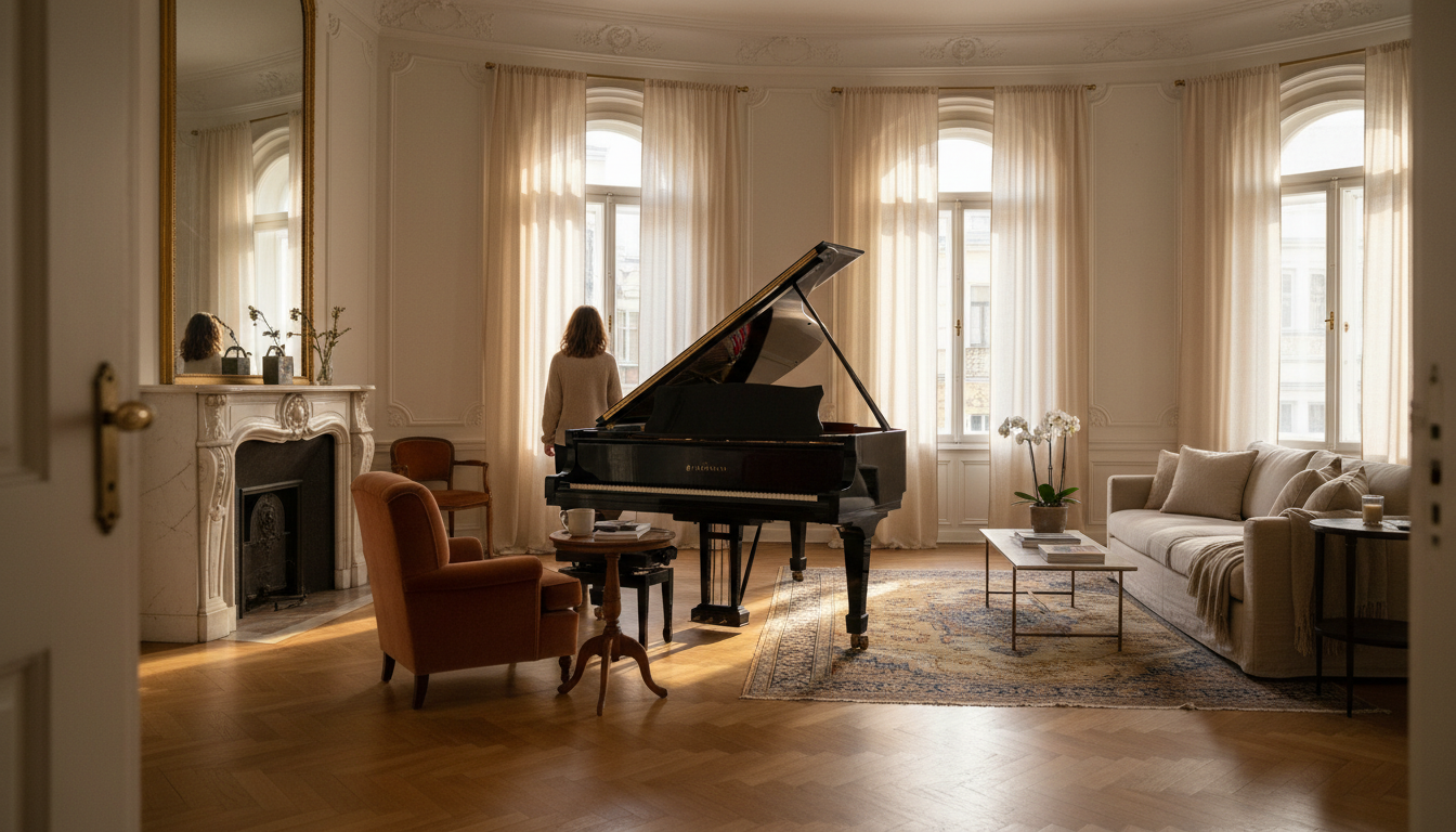 Grand Viennese apartment interior with high ceilings, herringbone parquet floors, tall windows with