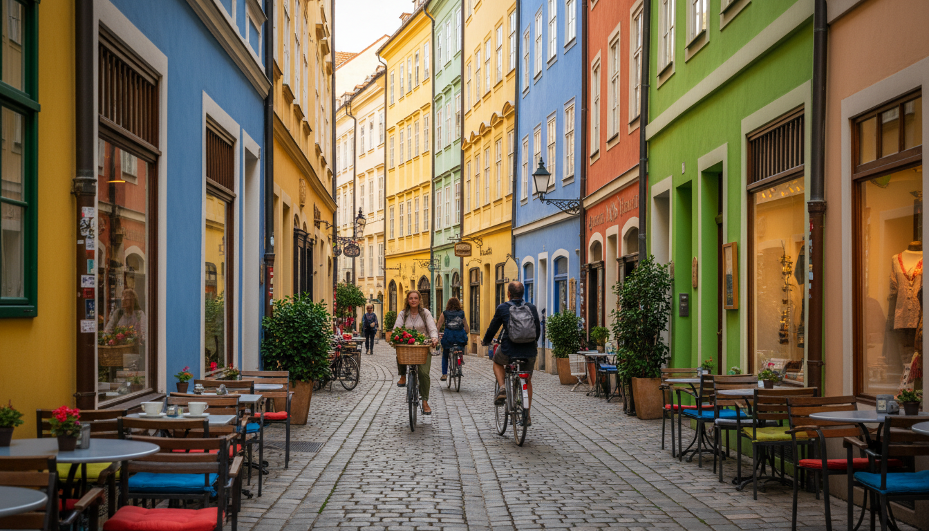Narrow cobblestone street in Spittelberg with colorful Biedermeier buildings, outdoor caf seating, a