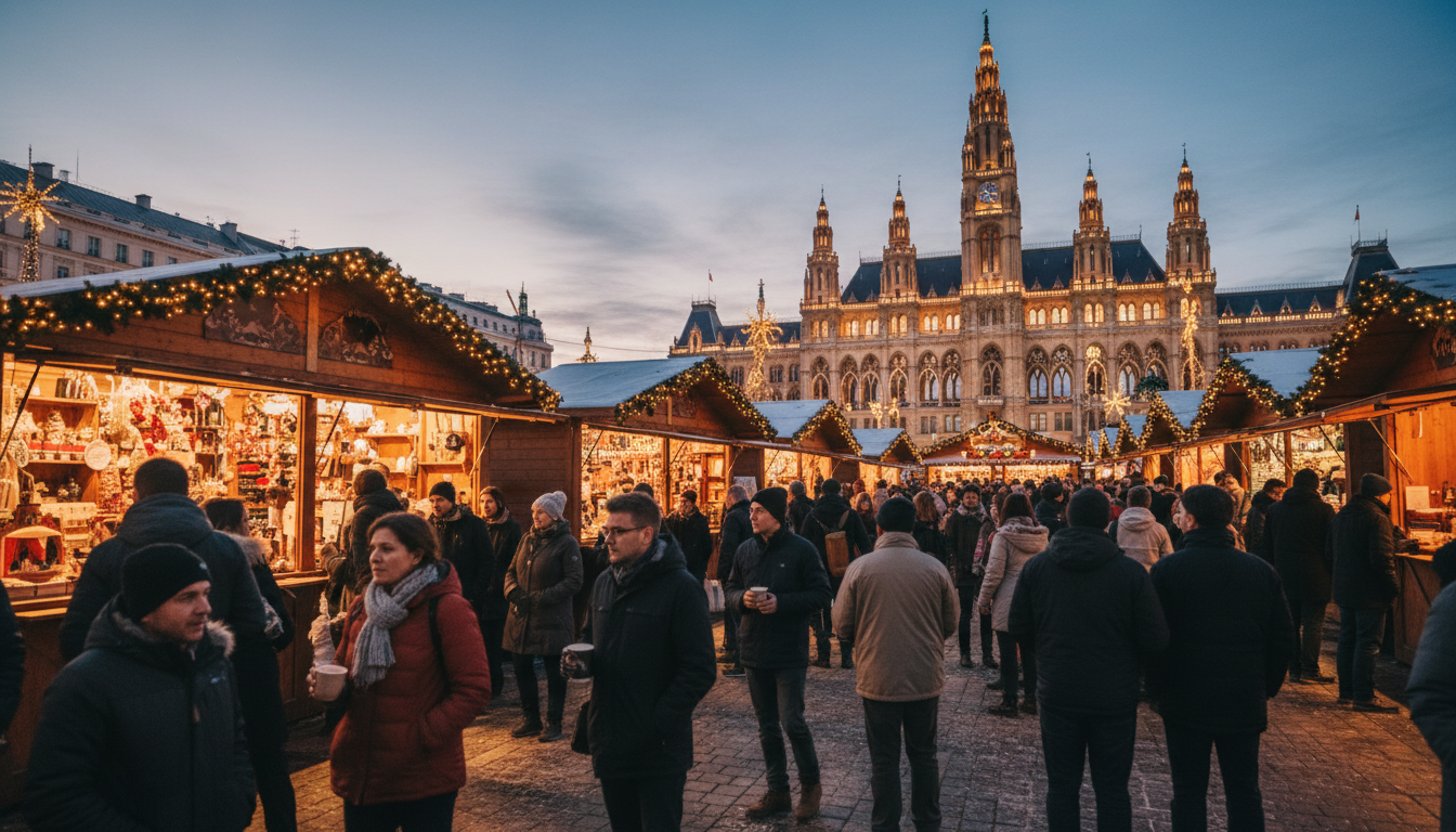 Vienna Rathausplatz Christmas market at dusk with twinkling lights, wooden stalls, crowds in winter