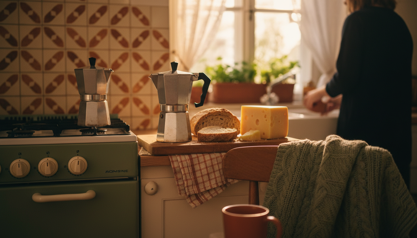 Typical Viennese kitchen with vintage tile backsplash, a Moka pot on the stove, fresh bread and chee