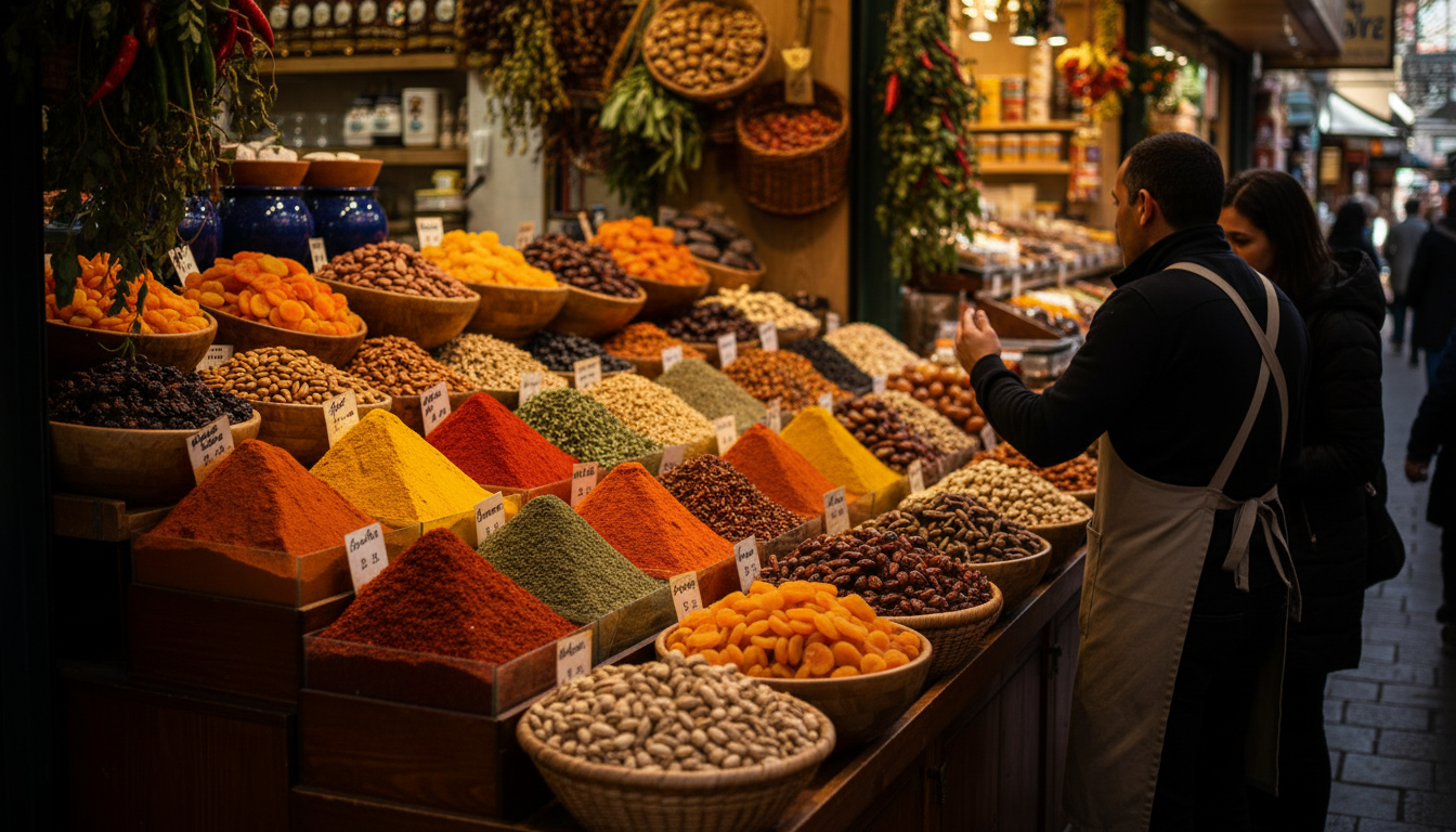 Naschmarkt stall overflowing with colorful spices in wooden bins, dried fruits, and nuts, with a ven