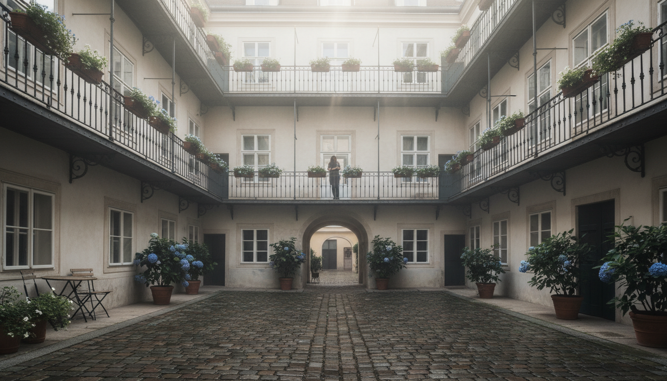 Morning light filtering through a traditional Viennese courtyard with wrought-iron balconies, potted