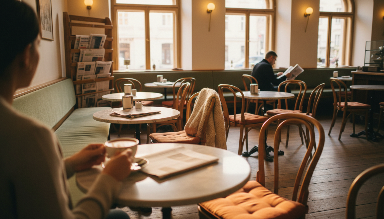 A cozy Viennese caf interior in Neubau with marble tables, bentwood chairs, newspapers on wooden rac