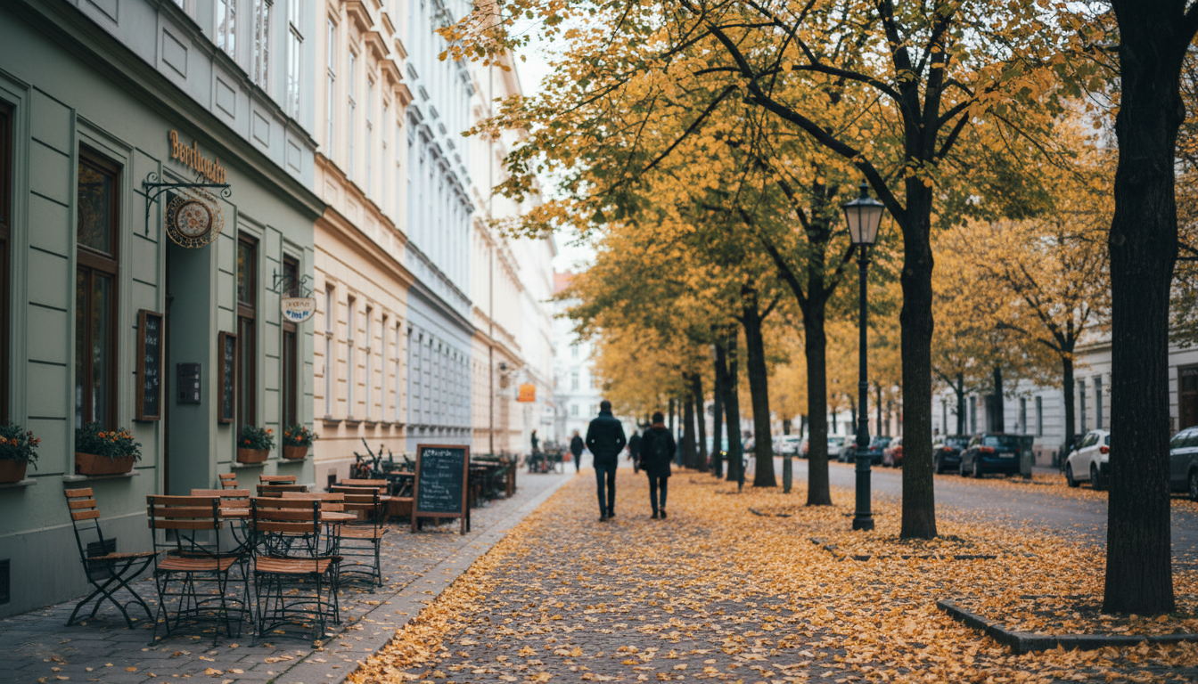 A tree-lined Josefstadt street in autumn with golden leaves, classic Viennese facades, and a traditi