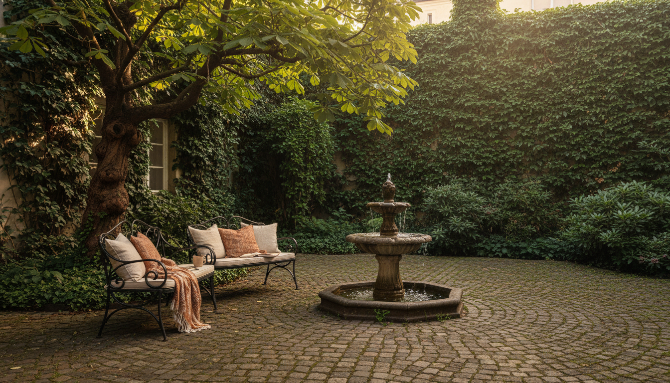 A hidden courtyard in Alsergrund with ivy-covered walls, a small fountain, and wrought-iron benches