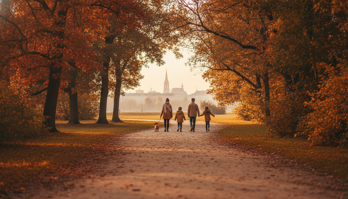 A winding path through the Trkenschanzpark in Whring with autumn foliage, a distant view of Viennas