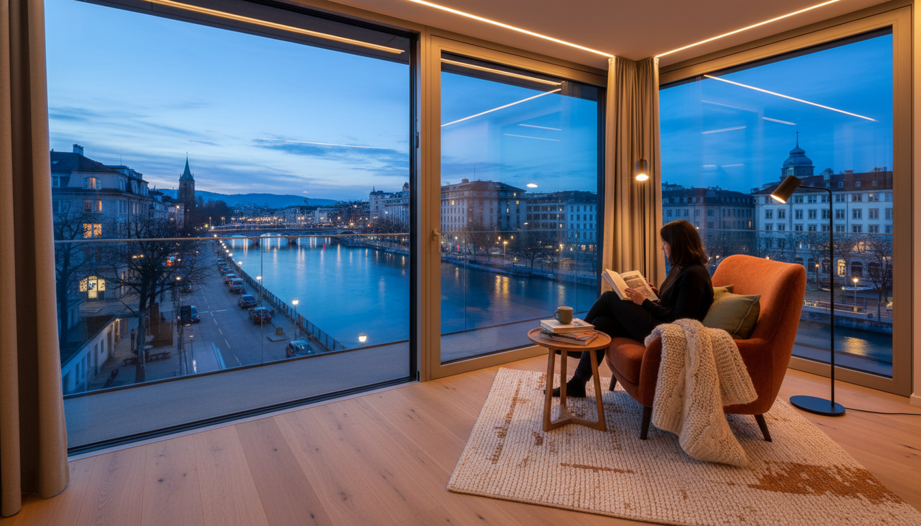 Modern Zurich apartment interior with large windows overlooking the Limmat river at dusk, warm light