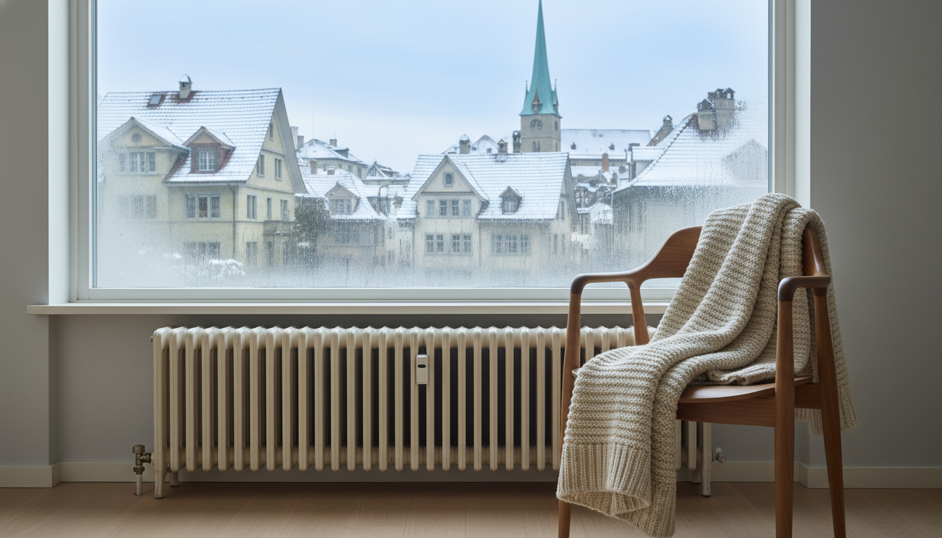 Traditional Swiss radiator under a window with condensation, winter view of Zurichs old town rooftop
