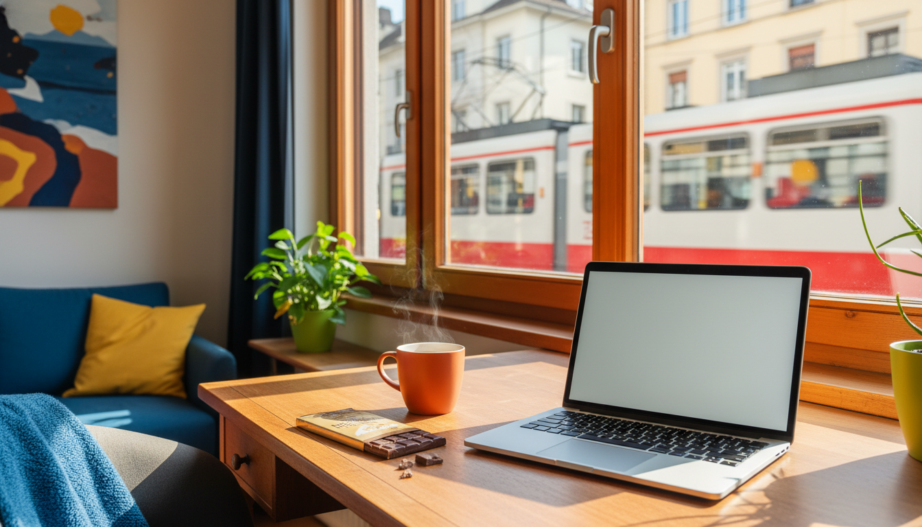 Cozy home office setup in a Zurich apartment with laptop open on wooden desk, view of tram passing o