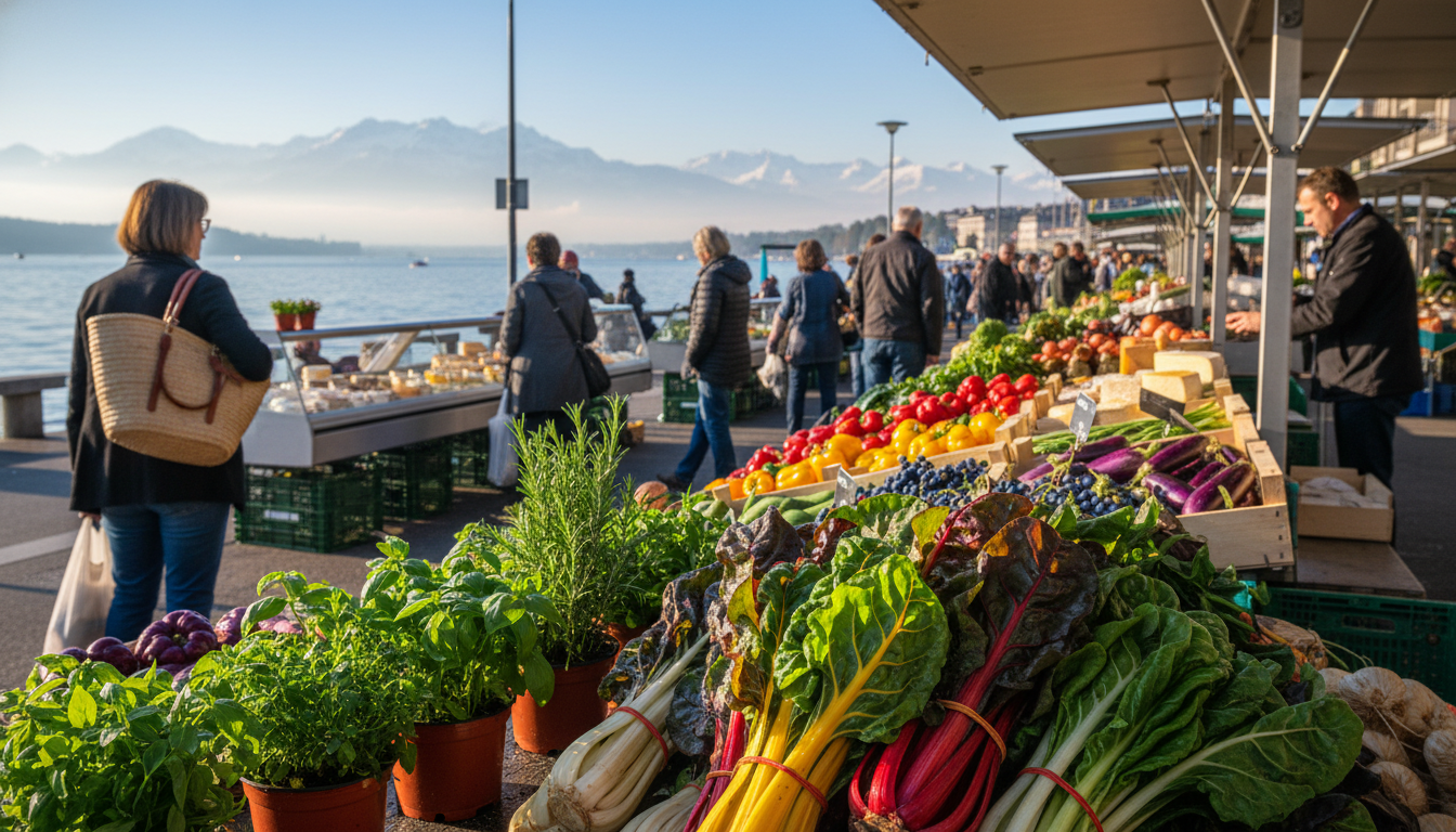 Vibrant Brkliplatz farmers market in Zurich with colorful vegetable stalls, Swiss chard and fresh he
