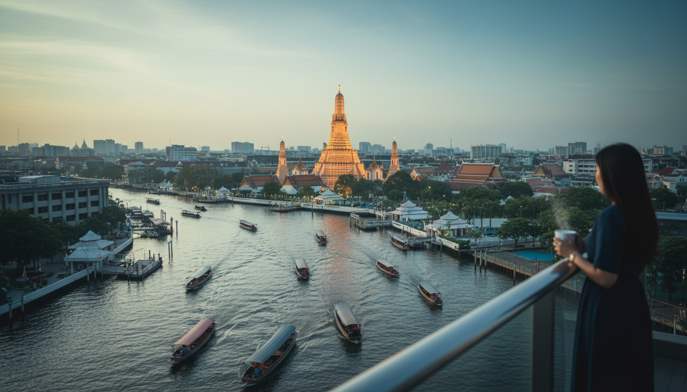 Early morning view from a high-rise balcony overlooking the Chao Phraya River with traditional longt