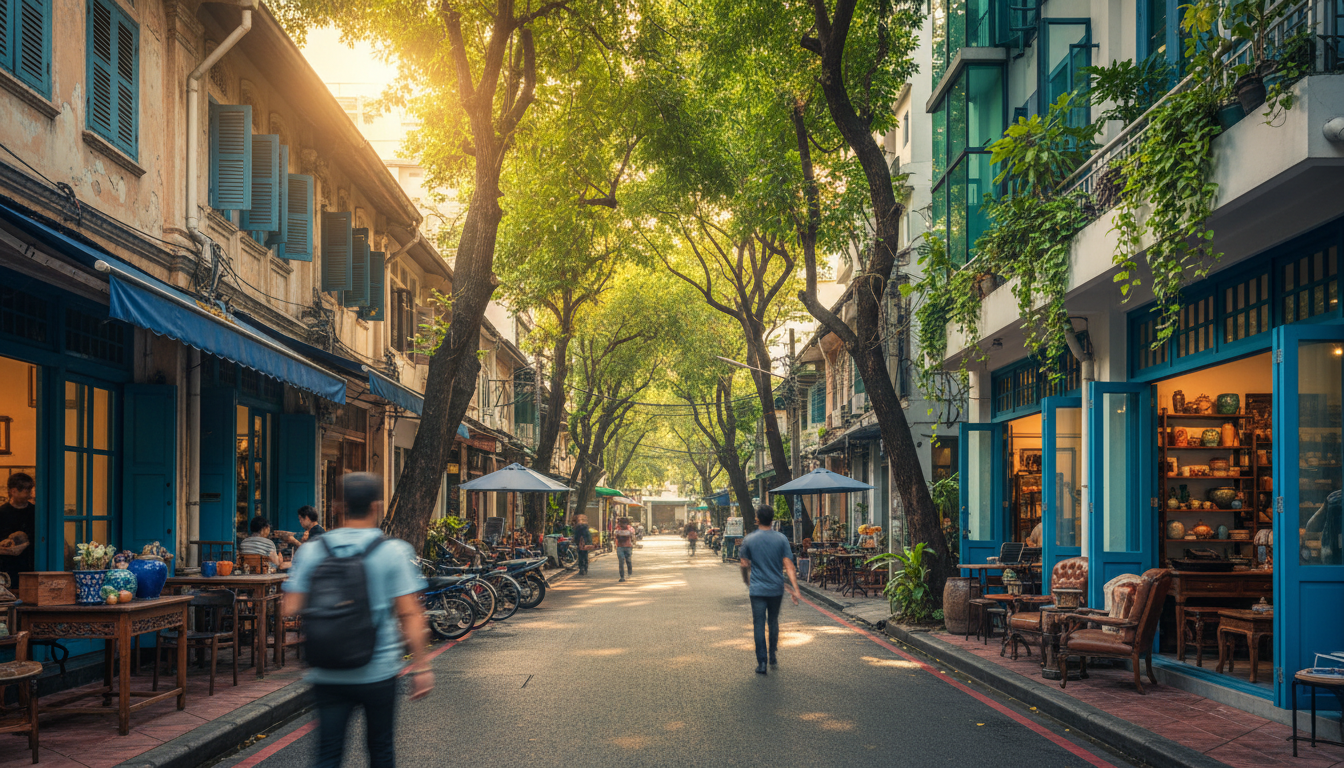 Tree-lined soi in Ari neighborhood with local coffee shops, vintage furniture stores, and a mix of o