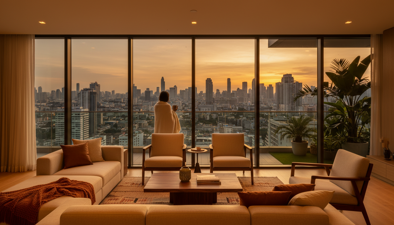 Modern condominium interior in Thonglor with floor-to-ceiling windows showing Bangkok skyline at dus