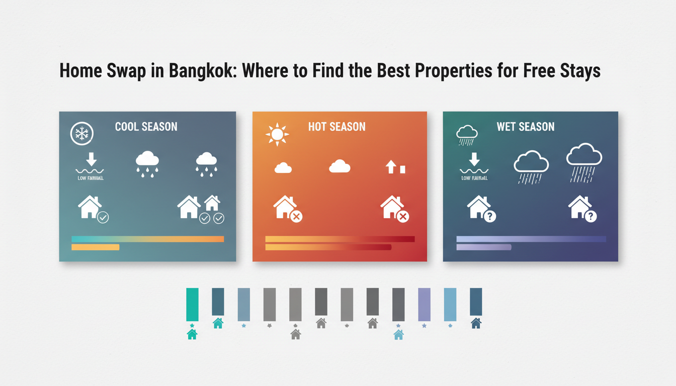 Infographic showing Bangkoks three seasons with temperature ranges, rainfall patterns, and home swap