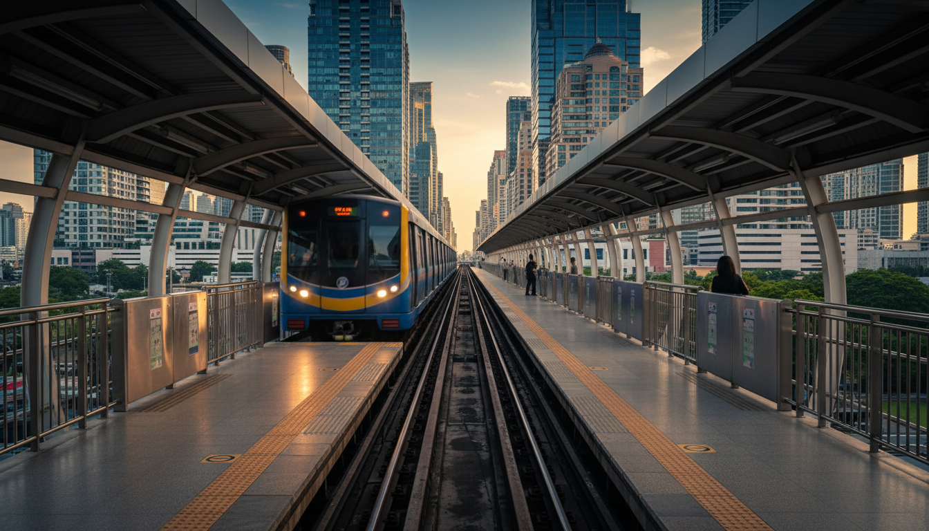 BTS Skytrain platform at Asok station during golden hour, with the train arriving and Bangkoks moder