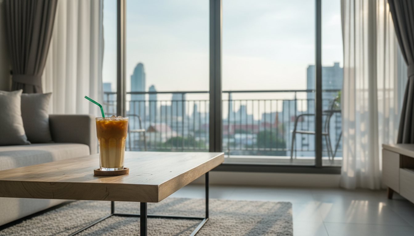 Morning light streaming through floor-to-ceiling windows of a modern Bangkok condo, with a small bal