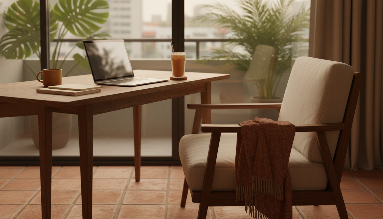 Minimalist workspace setup in a Bangkok condo with laptop, Thai iced tea, and a window view of tropi
