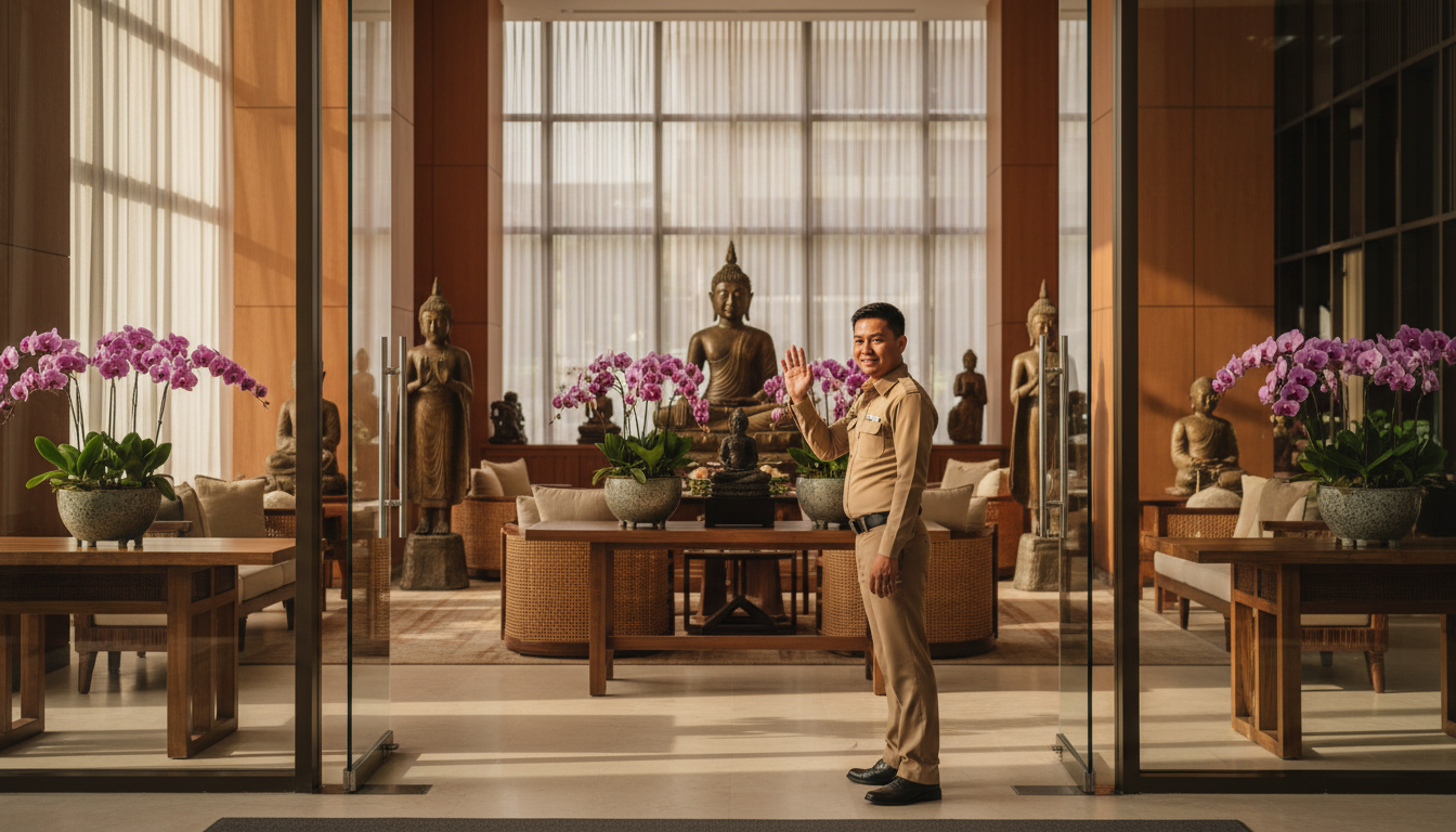 Friendly Thai security guard at a condo entrance, waving, with a modern lobby visible behind him fea